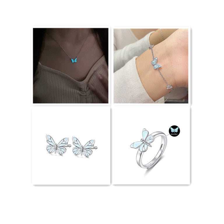 Mode blau leuchtende Schmetterling Halskette Armband Set für Glow in the Dark