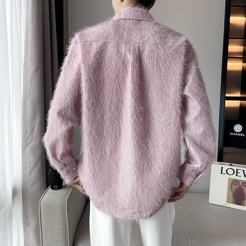 Shiny Solid Color Fine Wool Shirt Men's Long-sleeved Shirt