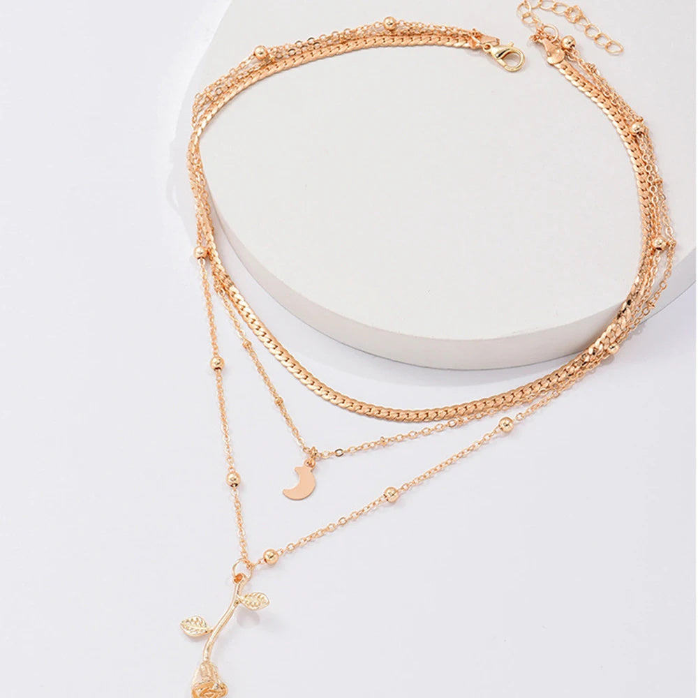 Multilayer Moon Gold Color Pendant Necklace