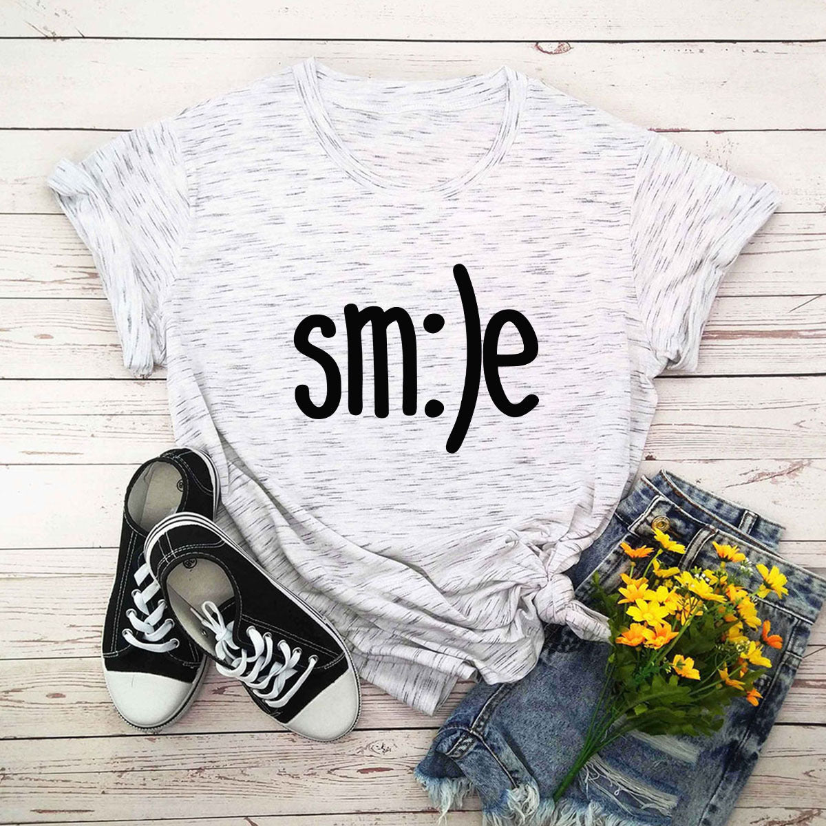 スマイルレタープリントシャツ Oネック 半袖Tシャツ サマートップス 100%コットン