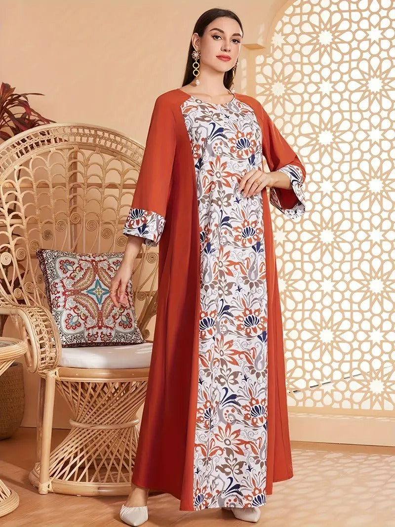 Elegantes, langärmliges Abaya-Kleid mit Blumendruck