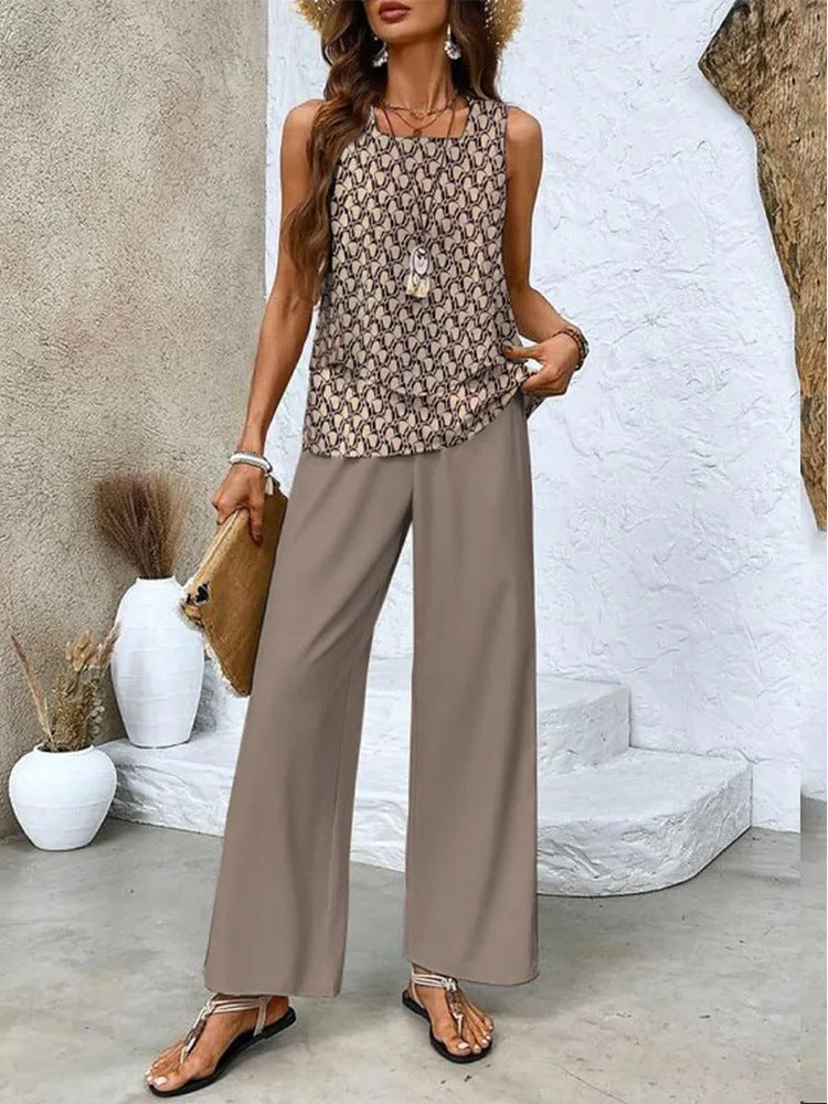 Sleeveless Double-layer Vest And Loose Straight Pants Women Clothing