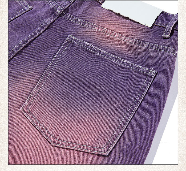 Street Washed Distressed Leg White Purple Color Jeans