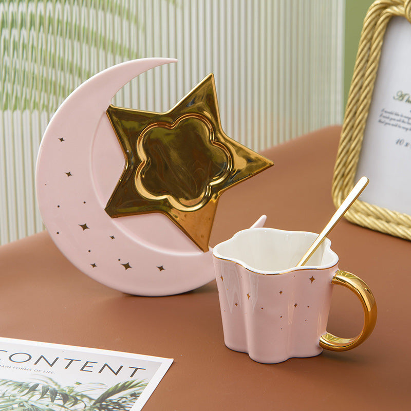 星と月のソーサー付きクリエイティブな陶器カップ