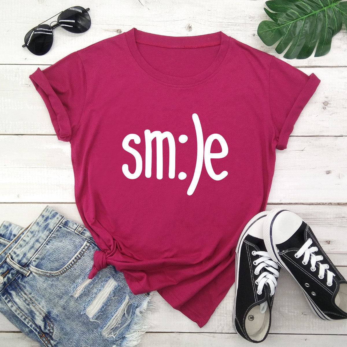 スマイルレタープリントシャツ Oネック 半袖Tシャツ サマートップス 100%コットン