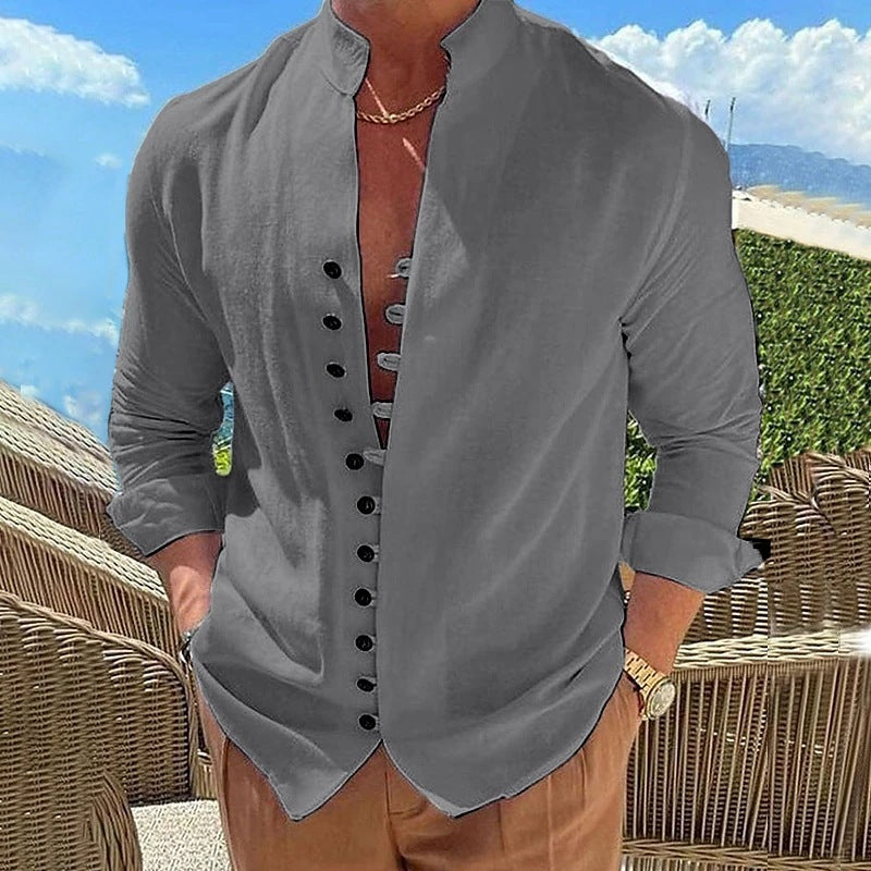 Retro Button Design Long-sleeved Shirt Men's Casual Loose Top