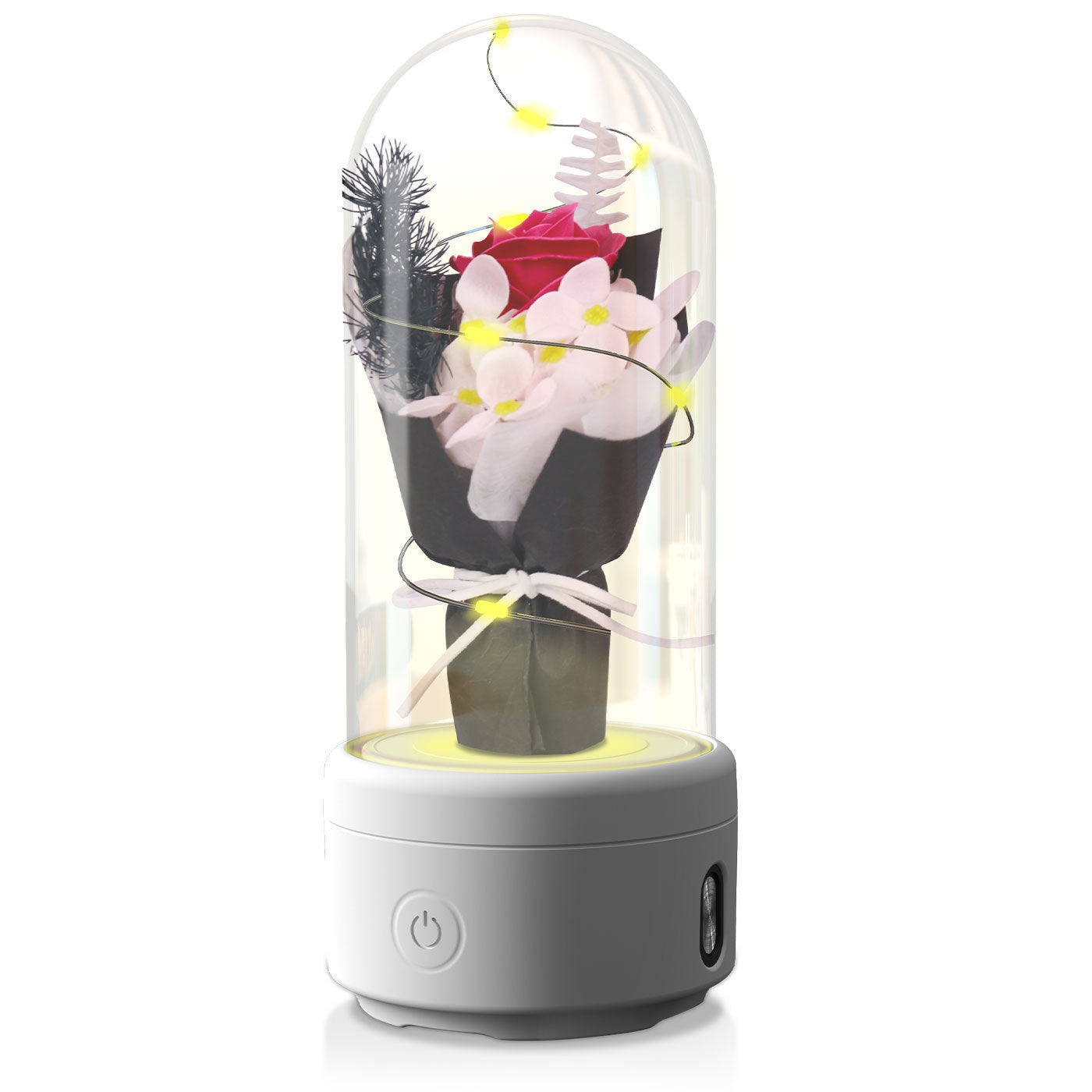 クリエイティブな2 in 1ブーケLEDライトとBluetooth対応スピーカー、母の日ギフト、ガラスカバー付きローズ発光ナイトライトオーナメント