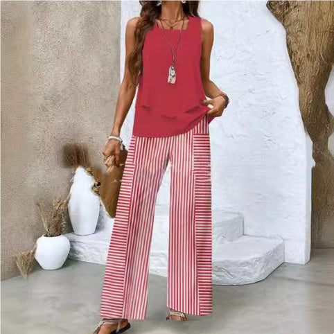 Sleeveless Double-layer Vest And Loose Straight Pants Women Clothing