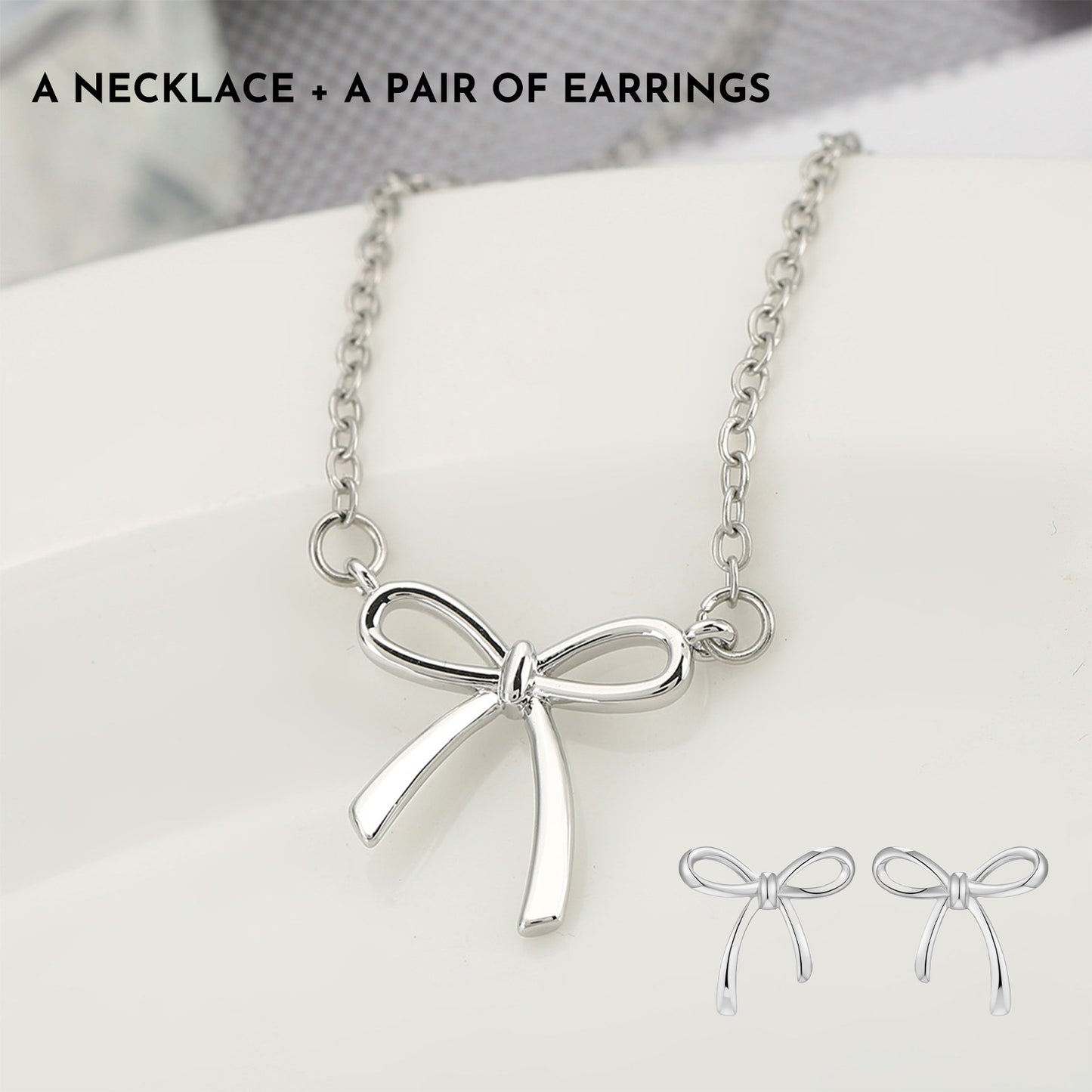 Gold & Silver Bow Necklace with Matching Bow Earrings