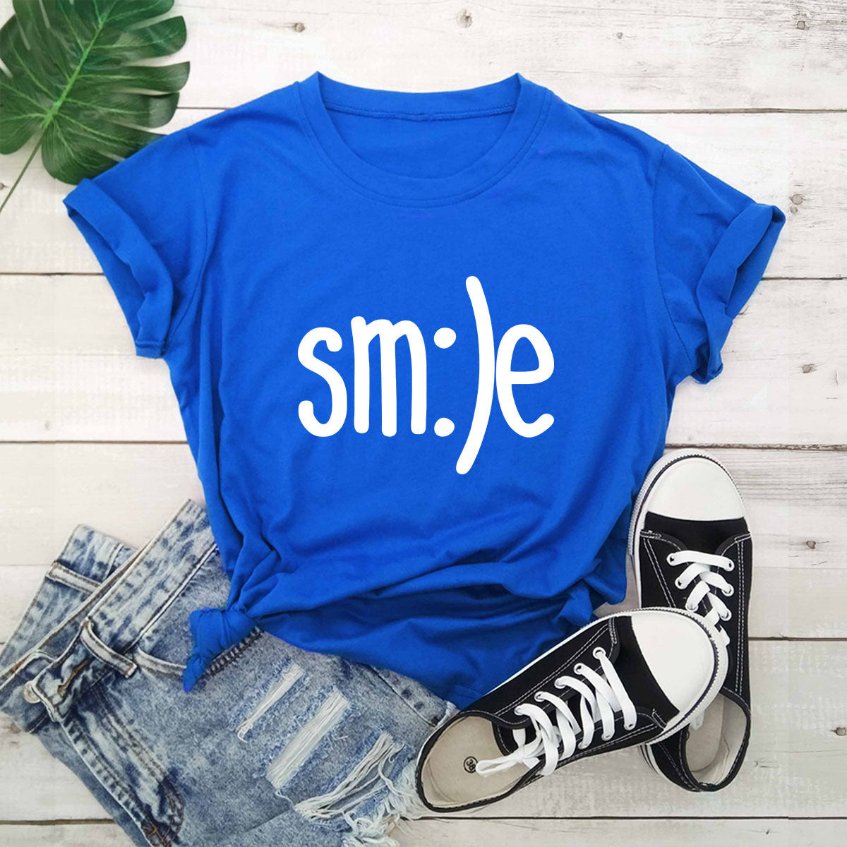 スマイルレタープリントシャツ Oネック 半袖Tシャツ サマートップス 100%コットン
