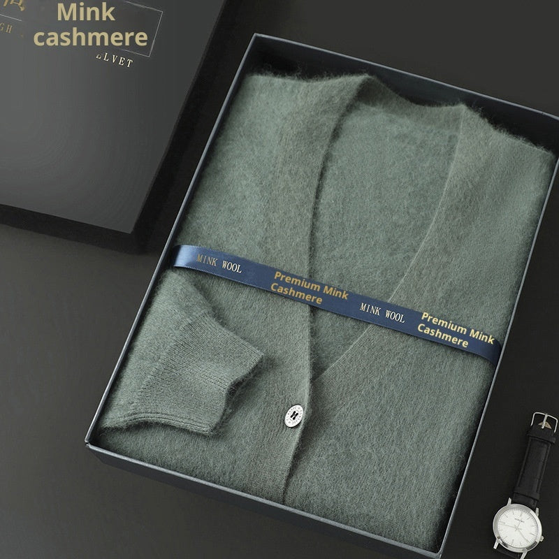 Mink Wool Men V-neck Thickened Sweater Loose Cardigan