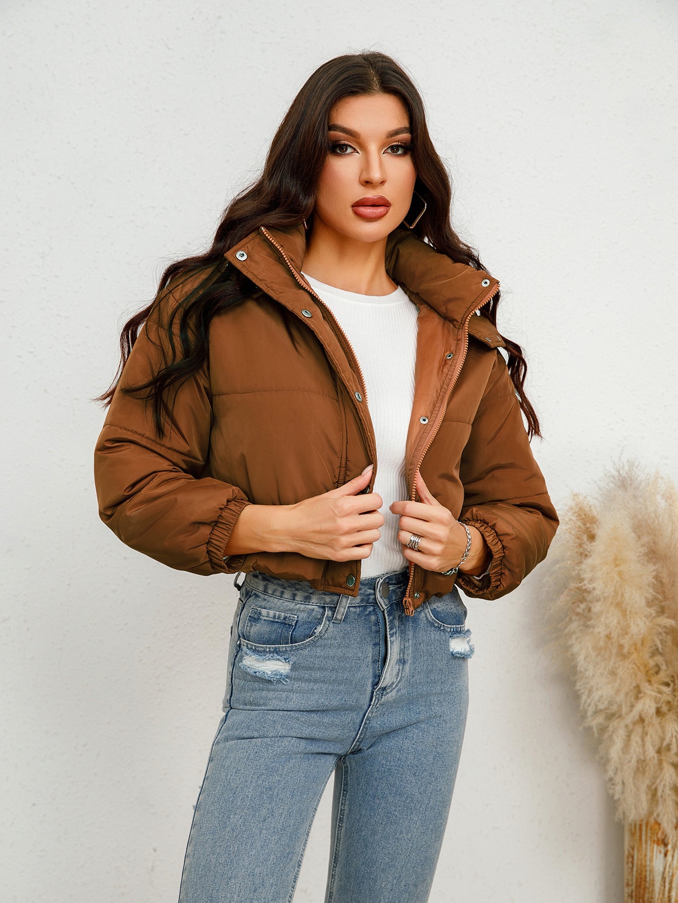 Hooded Short Cotton Coat Solid Color
