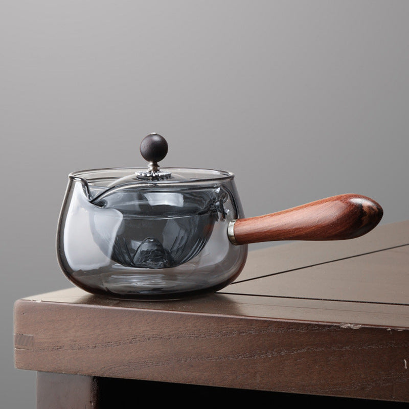 Semi-automatic Rotary Heat-resistant Glass Teapot Tea Making With Infuser And Wooden Handle