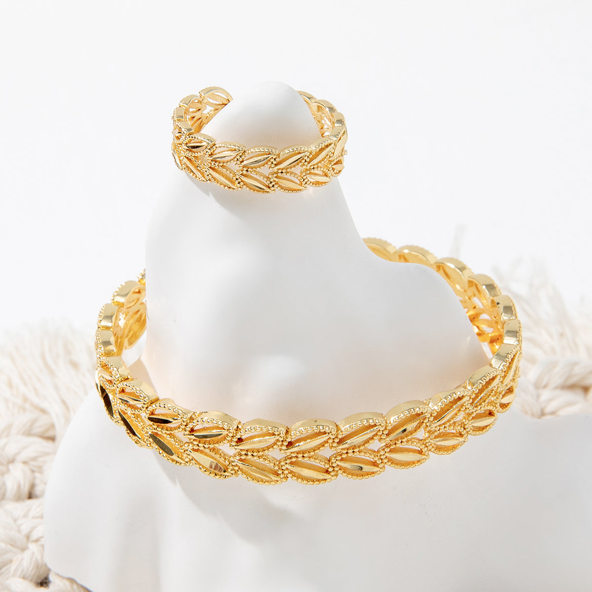 2個セット ファッション 18K ゴールドメッキ 小麦の穂 葉 オープニング ブレスレット リング セット