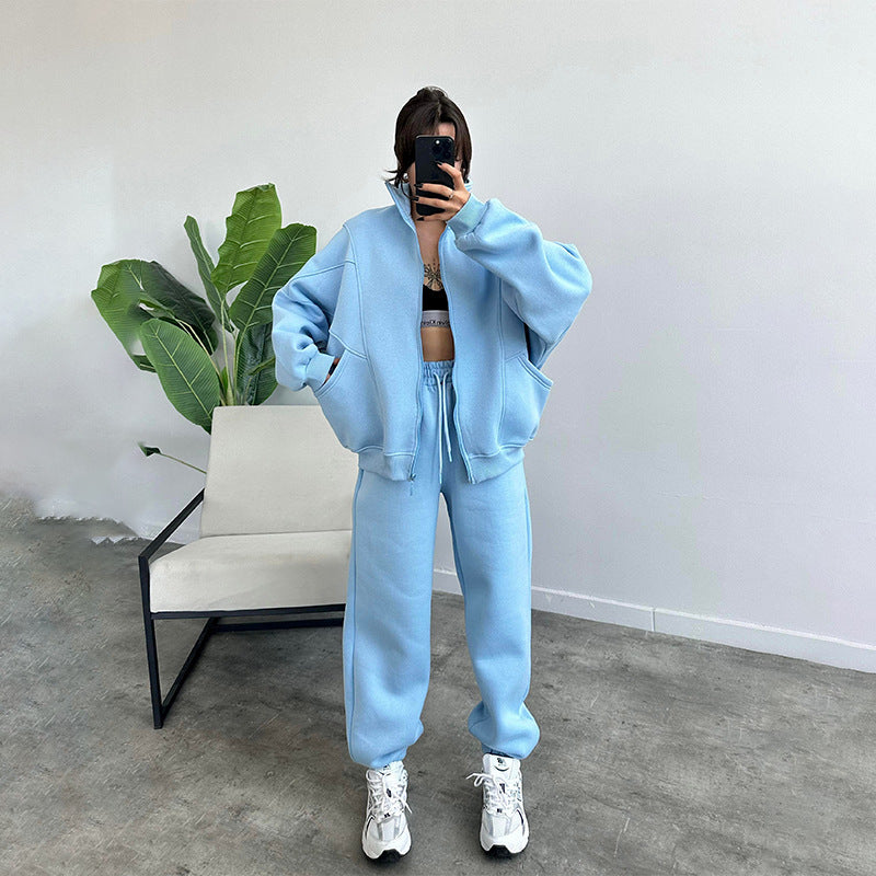 Sports Suits With Pockets Stand-up Collar Zipper Cardigan And Drawstring Trousers