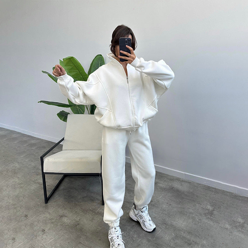 Sports Suits With Pockets Stand-up Collar Zipper Cardigan And Drawstring Trousers