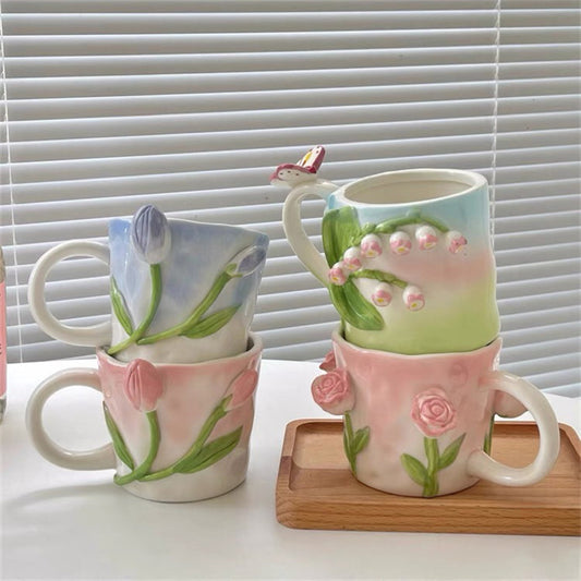 Girls' Heart Hand-painted Three-dimensional Tulip Rose Ceramic Mug