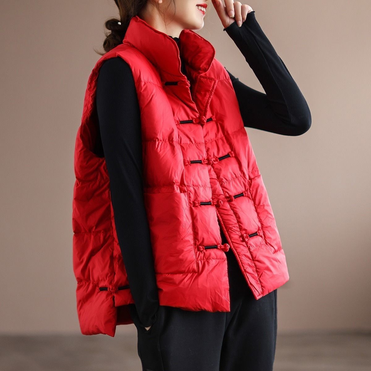 Daunenjacke Damen Weiße Entendaunenweste im Ethno-Stil
