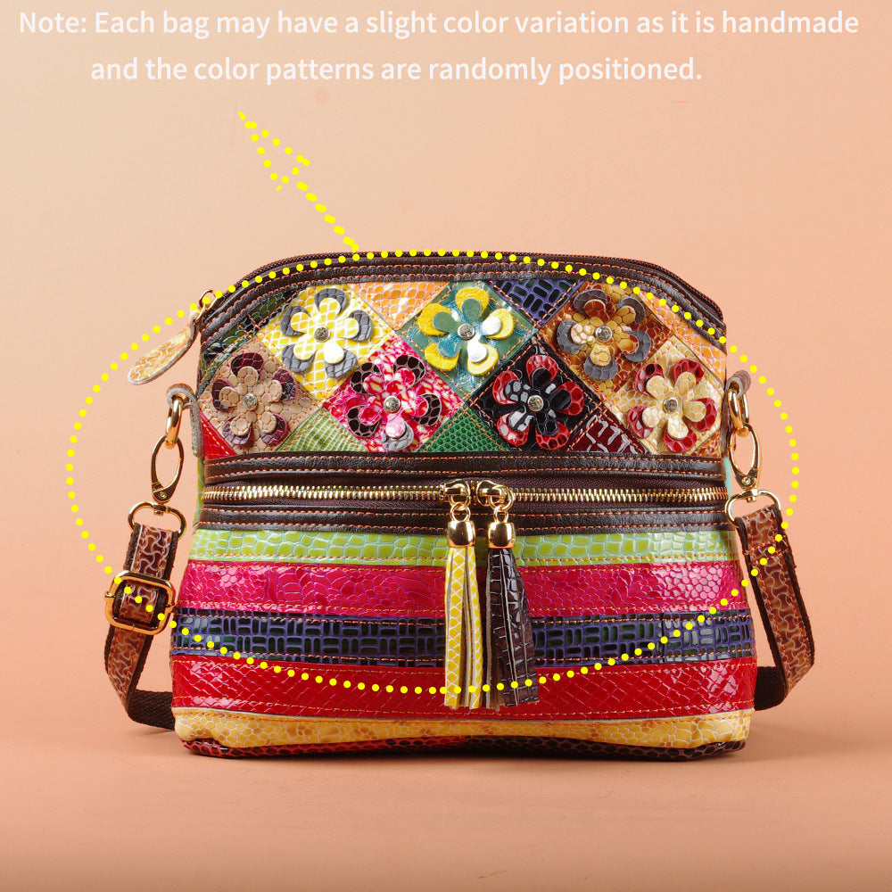 Genuine Leather Serpentine Color Handmade Tassel Flowers Shoulder Bag For Women