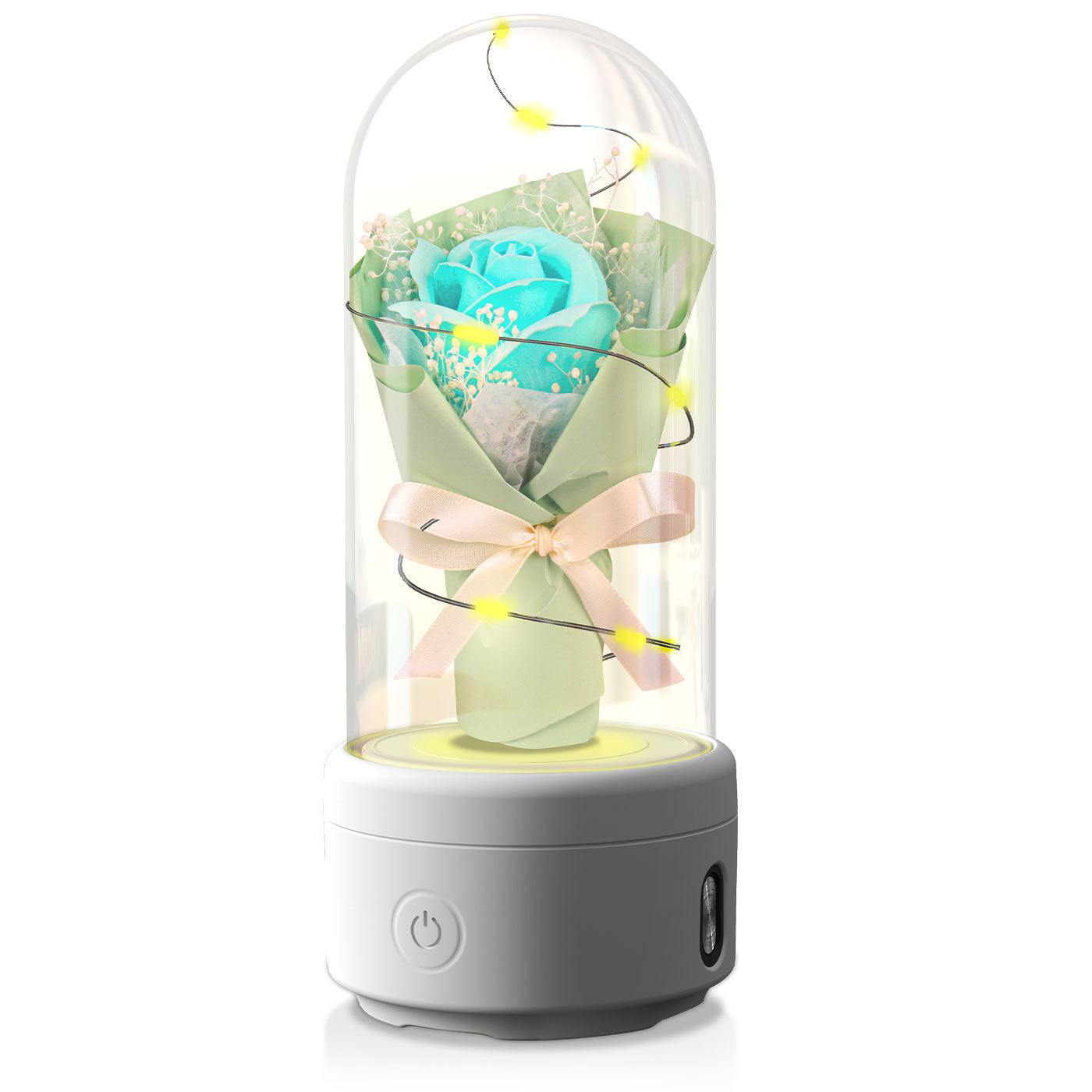 クリエイティブな2 in 1ブーケLEDライトとBluetooth対応スピーカー、母の日ギフト、ガラスカバー付きローズ発光ナイトライトオーナメント