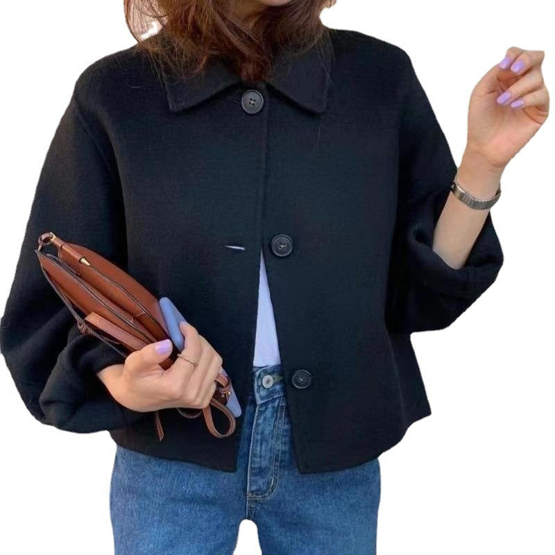 Retro Lapels Leisure Loose Puff Sleeves Woolen Short Coat