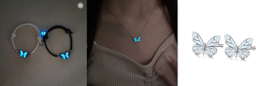 Mode blau leuchtende Schmetterling Halskette Armband Set für Glow in the Dark