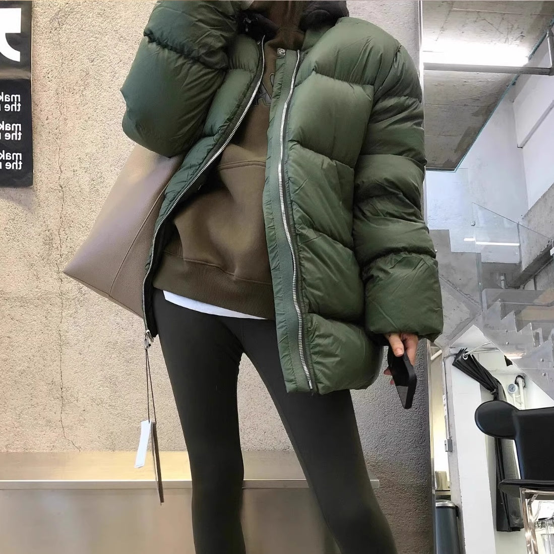 Warm Dark Green Collarless Cotton Puffer Coat Jacket
