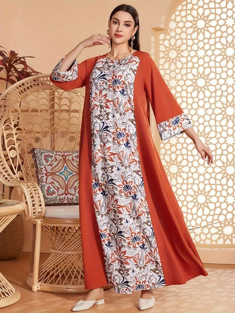Elegantes, langärmliges Abaya-Kleid mit Blumendruck
