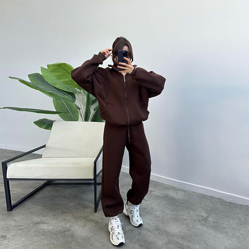 Sports Suits With Pockets Stand-up Collar Zipper Cardigan And Drawstring Trousers