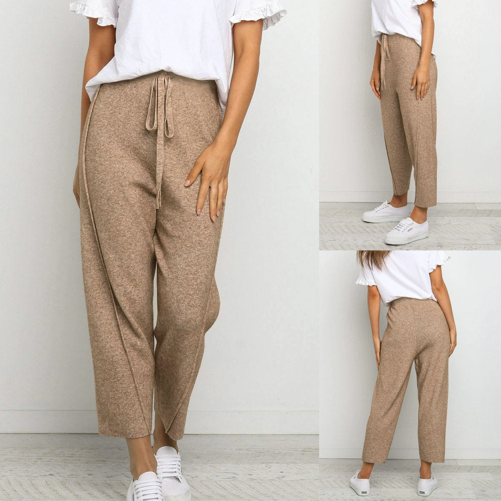 European And American Summer Casual Pants Knitted Straight Leg Tie Casual Pants
