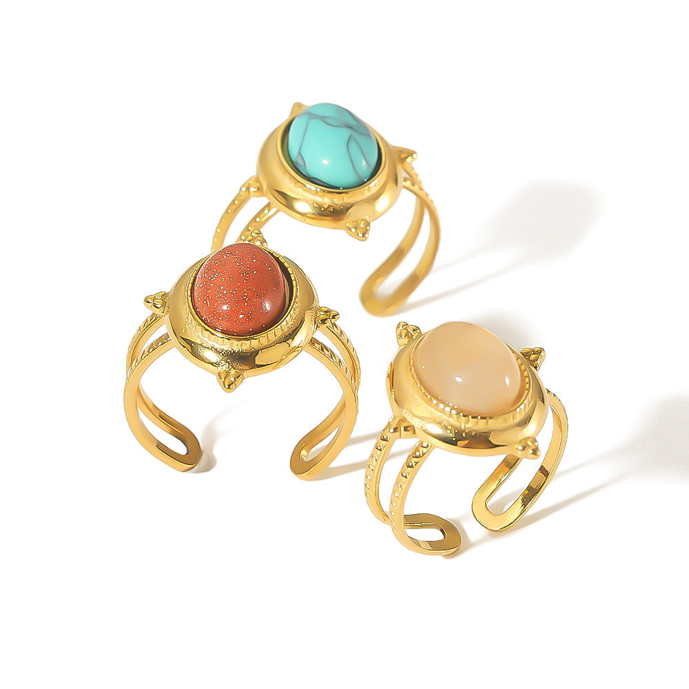 Women's Retro Fashion 18K Gold Stainless Steel Natural Stone Turquoise Open Ring