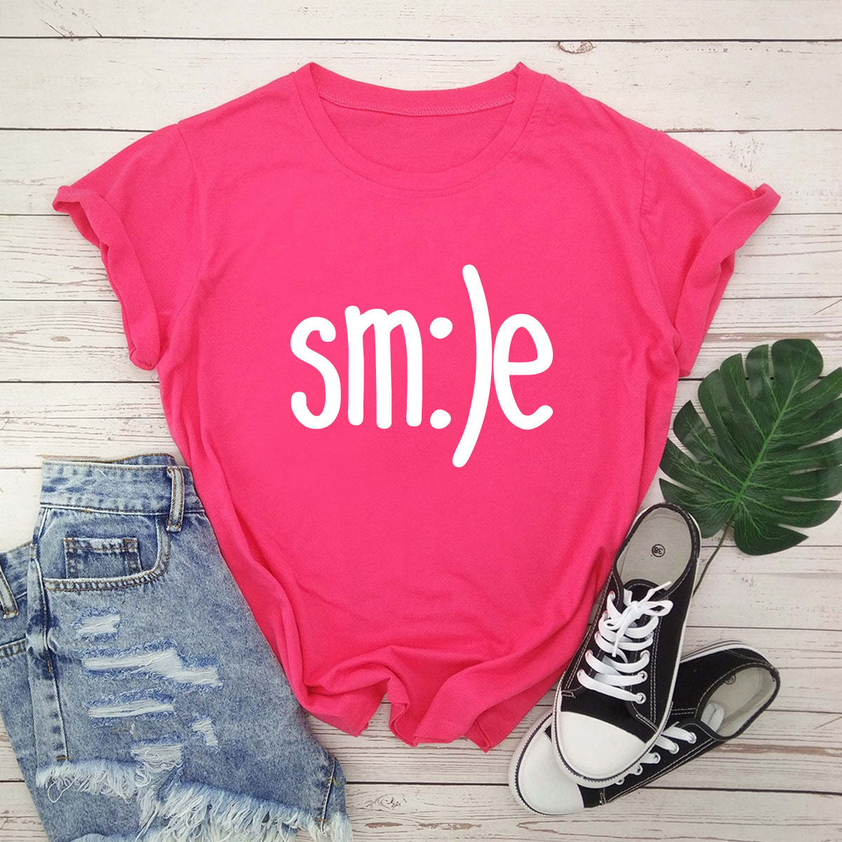スマイルレタープリントシャツ Oネック 半袖Tシャツ サマートップス 100%コットン