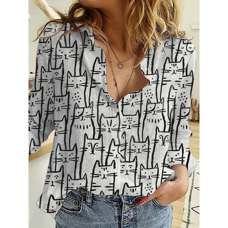 Polka Dot Butterfly Long Sleeve Turn-down Collar Casual Shirt