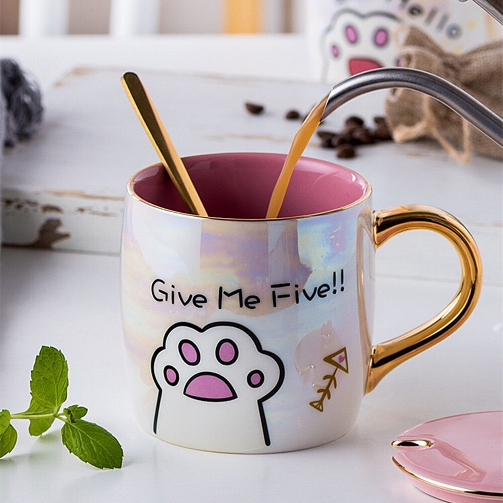 Cat High Paw Ceramics Mug With Lid and Spoon Mug