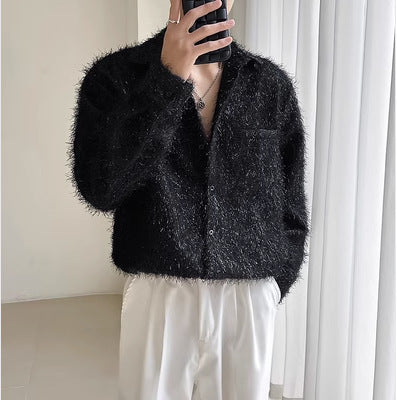 Shiny Solid Color Fine Wool Shirt Men's Long-sleeved Shirt