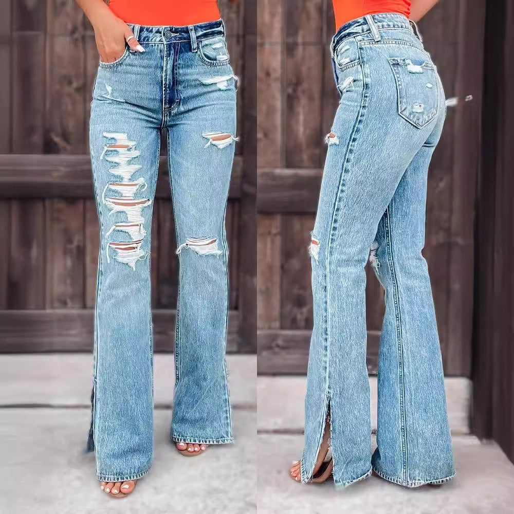 Ladies High Waist Ripped Slightly Stretch Split Jeans