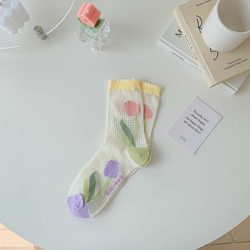 Women's Tulip Flower Glass Silk Socks