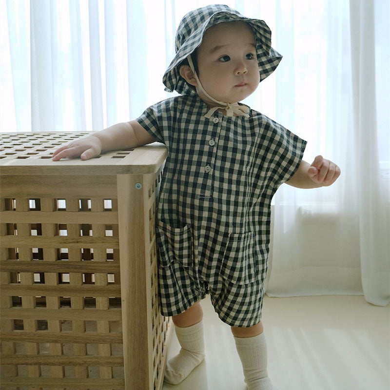 Plaid Romper & Hat Two-piece Baby Summer Clothes