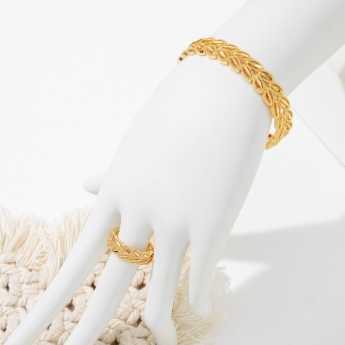 2個セット ファッション 18K ゴールドメッキ 小麦の穂 葉 オープニング ブレスレット リング セット