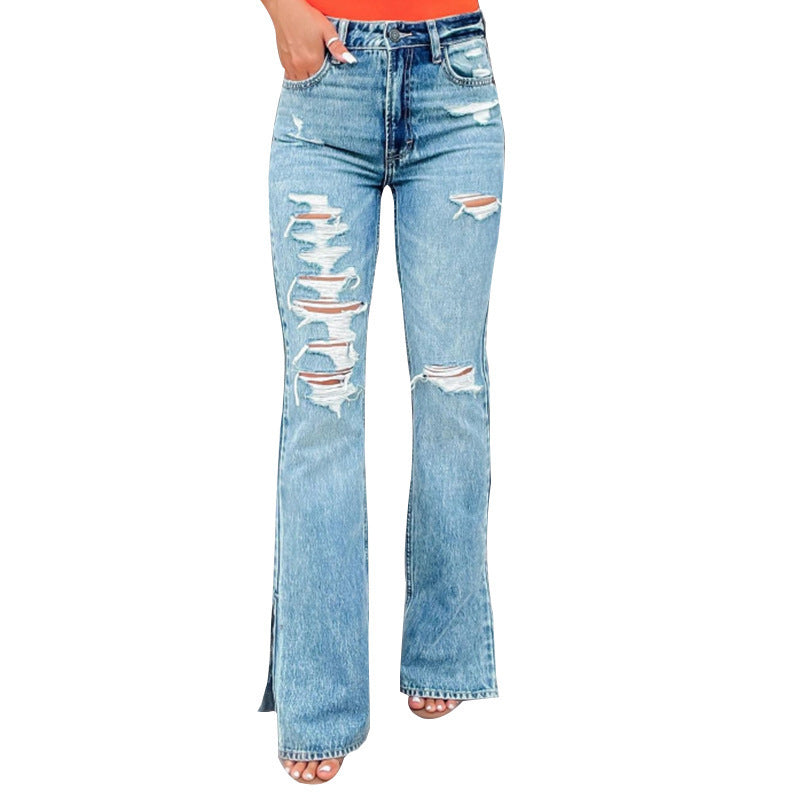 Ladies High Waist Ripped Slightly Stretch Split Jeans