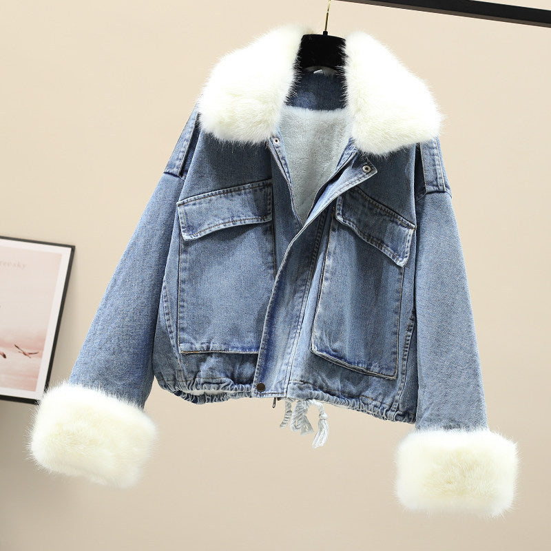 Pelzkragen Denim Pie Überwindung Lose Plus Fleece Damenjacke