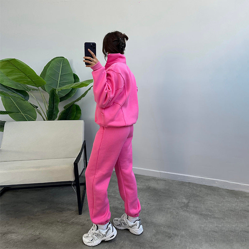 Sports Suits With Pockets Stand-up Collar Zipper Cardigan And Drawstring Trousers