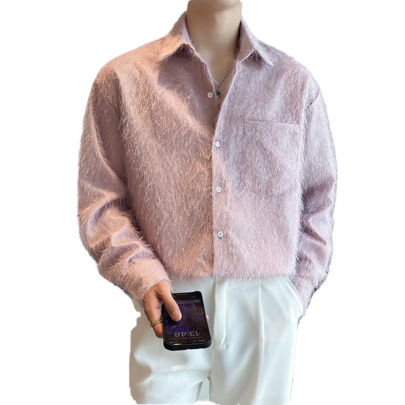 Shiny Solid Color Fine Wool Shirt Men's Long-sleeved Shirt