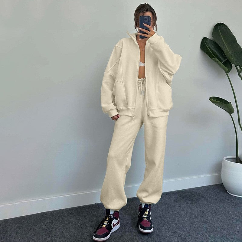Sports Suits With Pockets Stand-up Collar Zipper Cardigan And Drawstring Trousers
