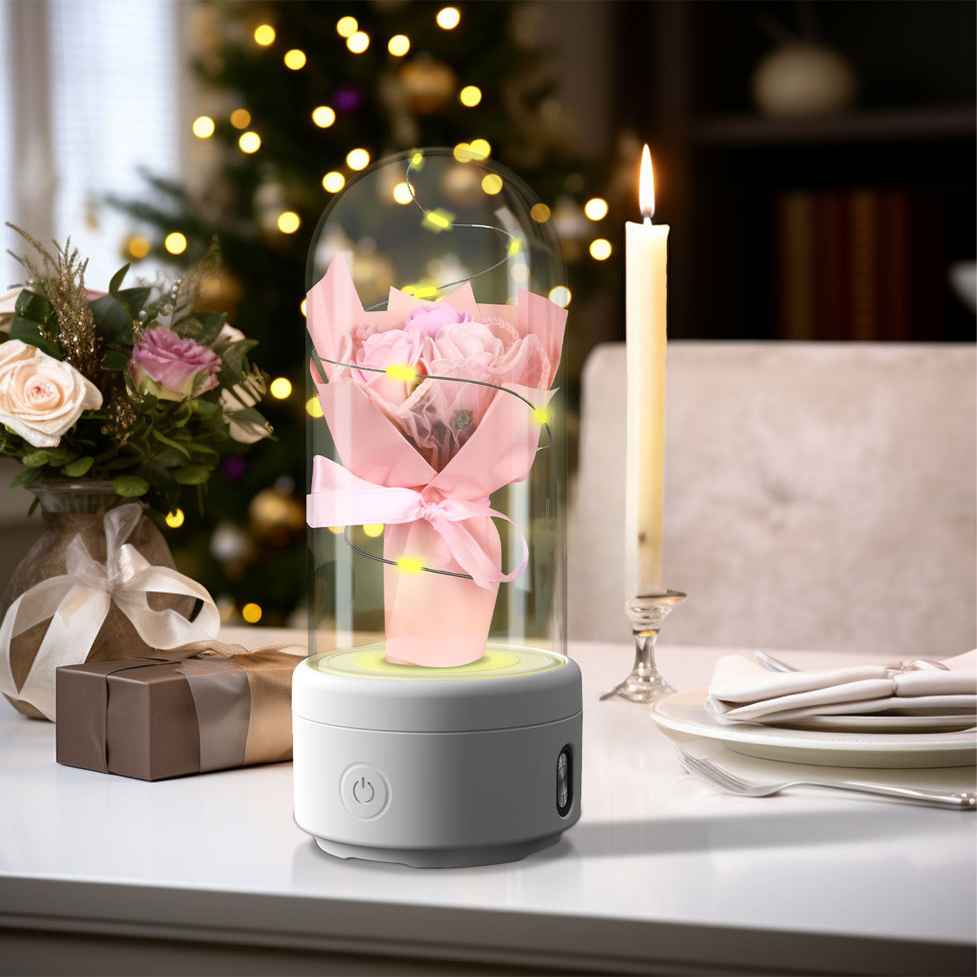 クリエイティブな2 in 1ブーケLEDライトとBluetooth対応スピーカー、母の日ギフト、ガラスカバー付きローズ発光ナイトライトオーナメント