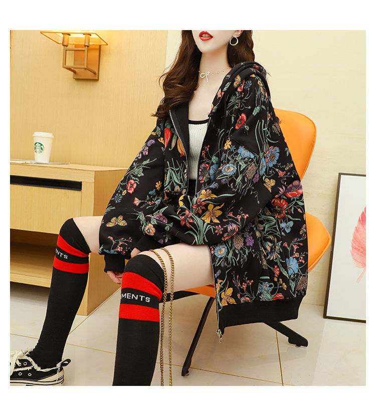 Women Plus Velvet Thick Hooded with Casual Loose Floral Print