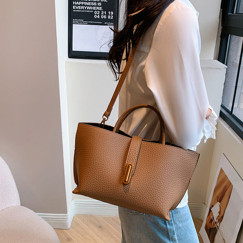INS Litchi Pattern Shoulder Bag Fashion Zipper Bucket Bag