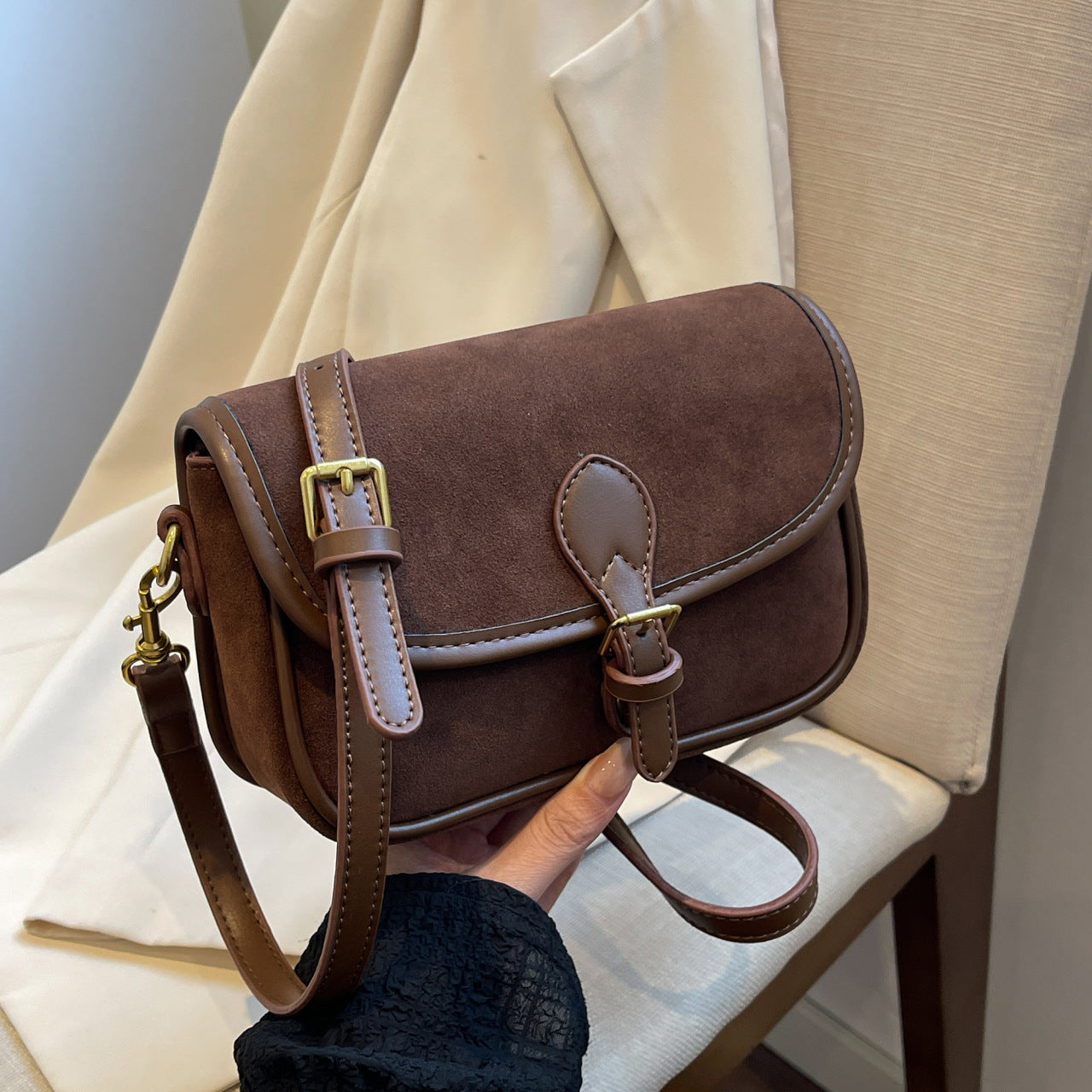 Frosted Leather Magnetic Snap Shoulder Messenger Bag