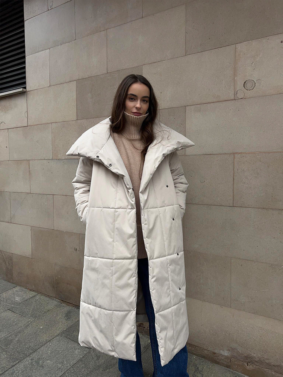 Mode Große Revers Langen Mantel Winter Warme Baumwolle Jacke Mit Taschen Und Schnürung