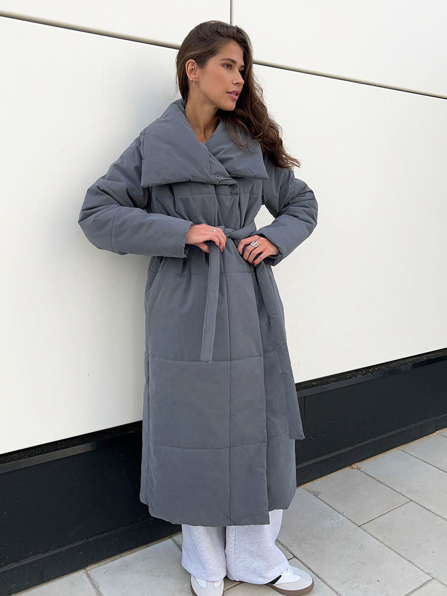 Mode Große Revers Langen Mantel Winter Warme Baumwolle Jacke Mit Taschen Und Schnürung